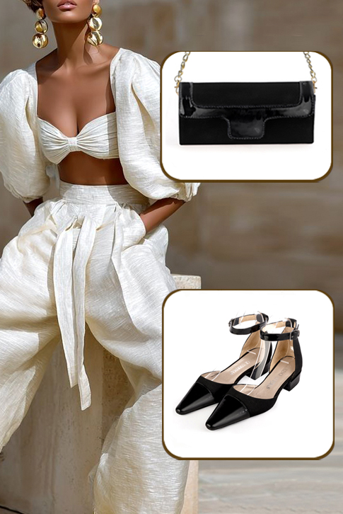 Women's gloss black and matt black elegant closed-back heels, with a strap around the ankle. Tapered toe. Low block heels - Worn view